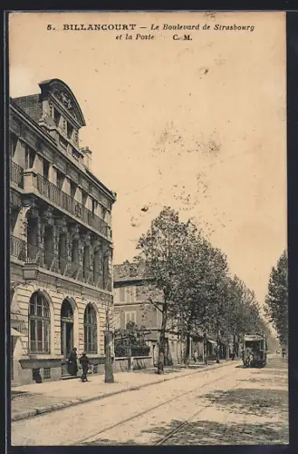 AK Billancourt, Le Boulevard de Strasboury et la Poste, Strassenbahn