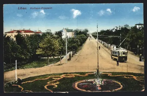 AK Libau, Kurhaus-Prospekt mit Strassenbahn