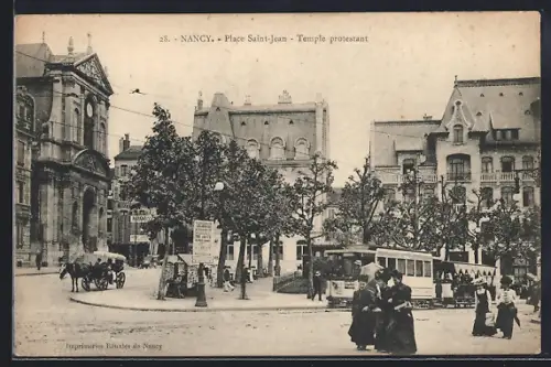 AK Nancy, Place Saint-Jean, Temple Protestant et Tramway, Strassenbahn