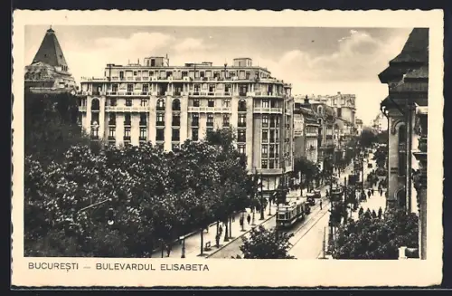 AK Bukarest, Bulevardul Elisabeta mit Strassenbahn