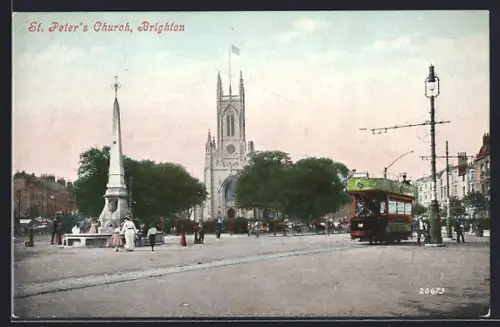 AK Brighton, St. Peter`s Church, Strassenbahn