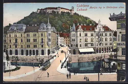 AK Ljubljana, Marijin trg in Stritarjeva ulica, Strassenbahn