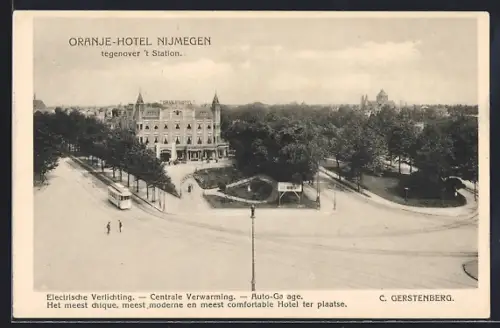 AK Nijmegen, Oranje Hotel, tegenover `t Station, Strassenbahn
