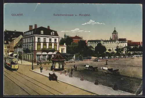 AK Colmar, Rue de Rouffach et Champ-de-Mars, Strassenbahn
