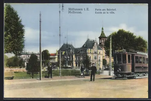 AK Mülhausen i. E., Partie am Bahnhof mit Strassenbahn
