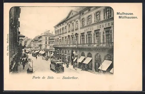 AK Mülhausen, Baslerthor mit Strassenbahn