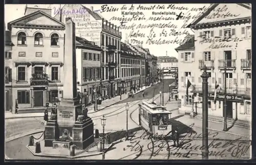 AK Karlsruhe, Rondellplatz mit Strassenbahn