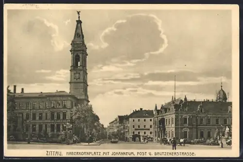 AK Zittau, Haberkornplatz mit Johanneum, Post und Bautzenerstrasse mit Strassenbahn