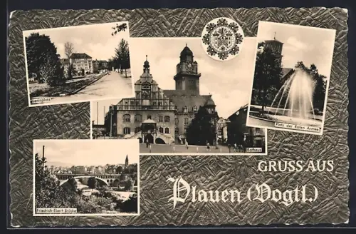 AK Plauen /Vogtl., Leninplatz, Friedrich-Ebert-Brücke, Rathaus und Platz der Roten Armee