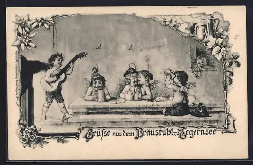 Künstler-AK Tegernsee, Gasthaus Bräustübl, Englein trinken bei Gitarrenmusik Bier