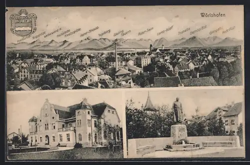 AK Wörishofen, Ortsansicht über die Dächer mit Bergkette, Schloss und Denkmal