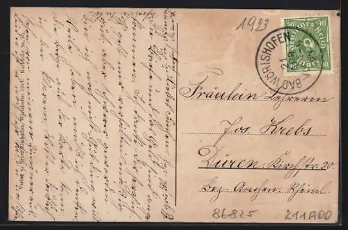 AK Wörishofen, Ortsansicht über die Dächer mit Bergkette, Schloss und Denkmal