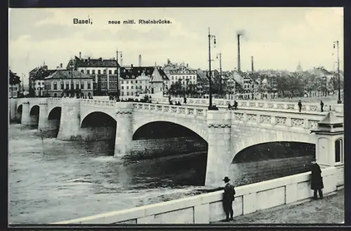 AK Basel, Neue mittlere Rheinbrücke mit Ortspanorama