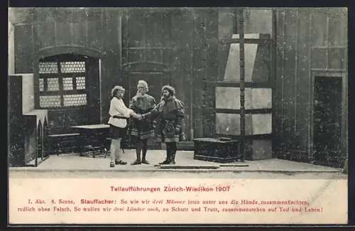 AK Zürich-Wiedikon, Theateraufführung 1907, Stauffacher, 1. Akt, 4. Szene, Männer reichen sich die Hände
