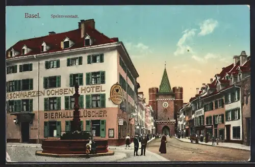 AK Basel, Spalenvorstadt bei Dämmerung, Hotel zum schwarzen Ochsen