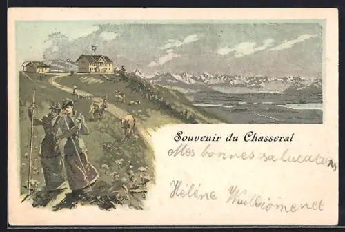 Lithographie Chasseral, Gasthaus mit Nebengebäude, Damen mit Wanderstöcken, Bergpanorama
