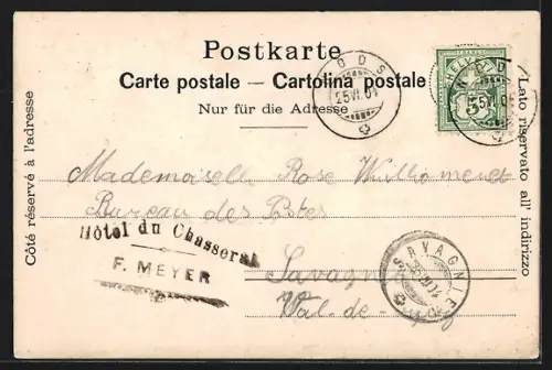 Lithographie Chasseral, Gasthaus mit Nebengebäude, Damen mit Wanderstöcken, Bergpanorama