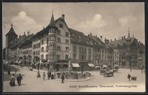 AK Schaffhausen, Oberstadt mit Frohnwagplatz, Brunnen und Geschäfte