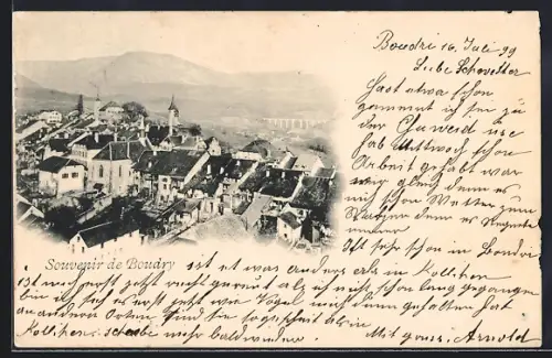 AK Boudry, Totalansicht mit Bergpanorama aus der Vogelschau