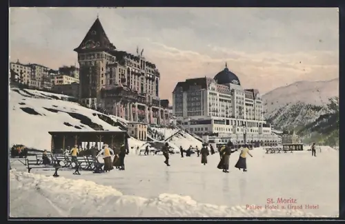 AK St. Moritz, Palace Hotel und Grand Hotel mit Eisbahn im Winter