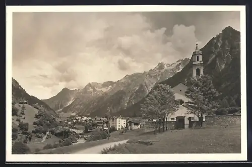 AK Borgonovo, Blick gegen Cima del Largo, Ortsansicht mit Kirche