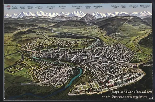 AK Bern, Vogelschauansicht mit der Schweiz. Landesaussstellung u. Alpen