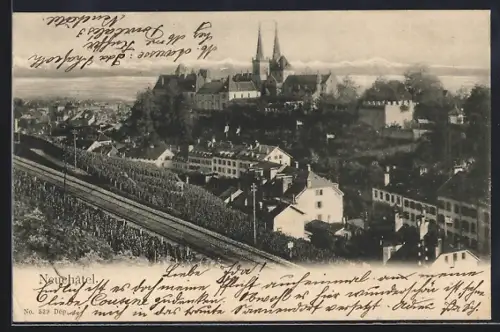 AK Neuchatel, Totalansicht mit Bahnschienen u. Fernblick