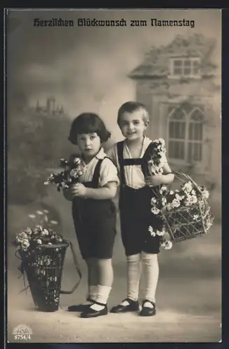 Foto-AK R & K / L Nr. 8754/4: Zwei Kinder mit Blumenkörben, Namenstag