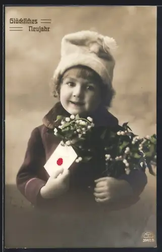 Foto-AK R & K / L Nr. 3942/5: Kind mit Brief und Mistelzweigen, Neujahr