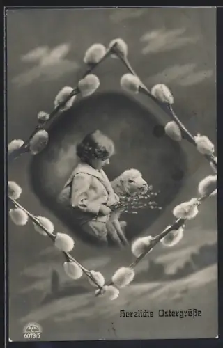 Foto-AK R & K / L Nr. 6078/5: Kind mit Lamm und Weidenkätzchen, Ostern