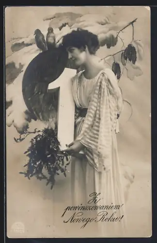 Foto-AK R & K / L Nr. 7211/2: Junge Frau mit Zahl 1 und Mistelzweigen