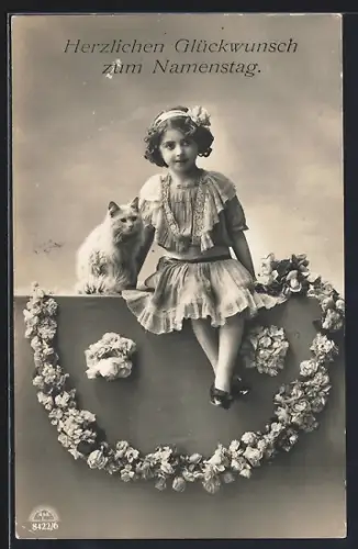 Foto-AK R & K / L Nr. 8422/6: Mädchen sitzt neben einer Katze, Namenstag