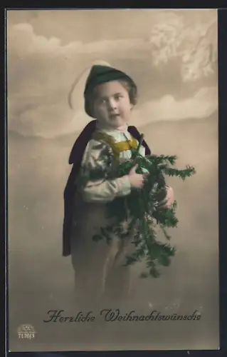 Foto-AK R & K / L Nr. 7170/3: Junge mit Tannenzweig, Weihnachten