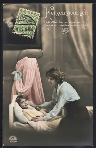 Foto-AK R & K / L Nr. 8689/6: Mutter sitzt am Bett ihres Kindes