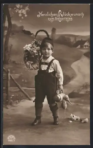 Foto-AK R & K / L Nr. 8665/2: Junge mit Blumenkorb und Rüben, Geburtstag