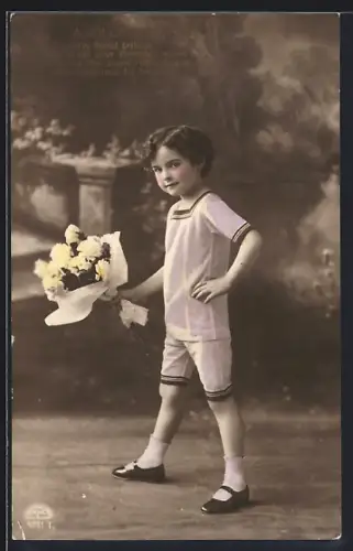 Foto-AK R & K / L Nr. 5751/1: Kind mit Blumenstrauss, A Jolly Birthday