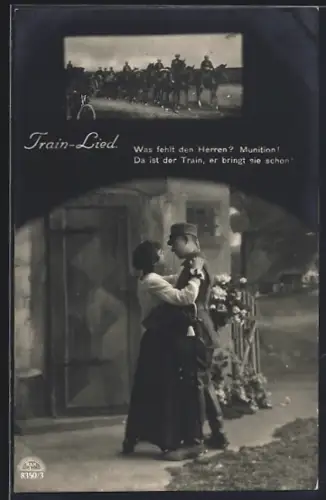 Foto-AK R & K / L Nr. 8350/3: Soldat in Uniform verabschiedet sich, Train-Lied