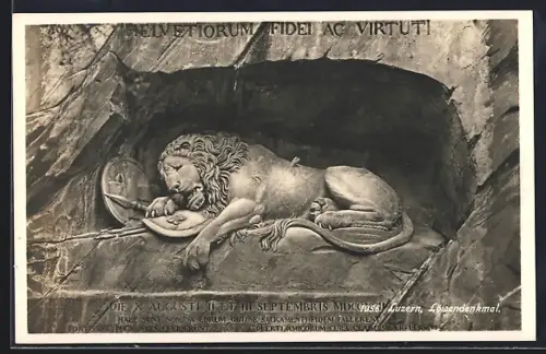 AK Luzern, Löwendenkmal, Skulptur eines Löwen liegend auf Schild und Speer