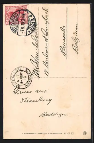 AK Strassburg, Strassburger Münster mit kollagiertem Storchennest und Neugeborenen