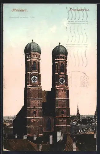 AK München, Frauenkirche über die Dächer