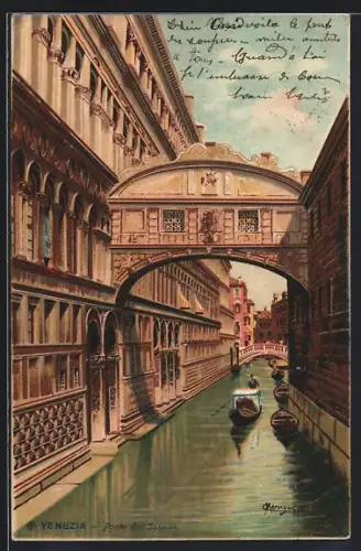 Lithographie Venedig / Venezia, Ponte dei Sospiri, Seufzerbrücke, Kanalpartie