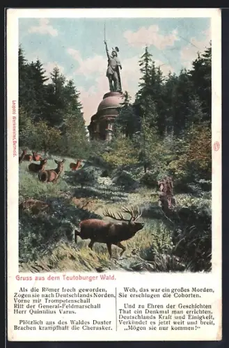 AK Detmold, Hermanns-Denkmal mit Hirsch und Rehen in Waldpartie