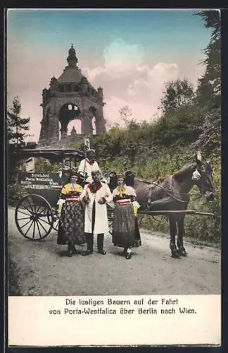 AK Porta-Westfalica, Die lustigen Bauern auf der Fahrt von Porta-Westfalica über Berlin nach Wien, Expedition