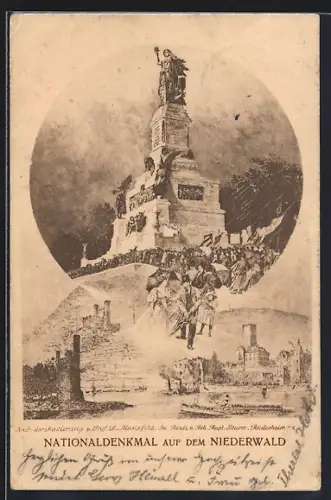 Künstler-AK Niederwald, Nationaldenkmal mit Besuchern