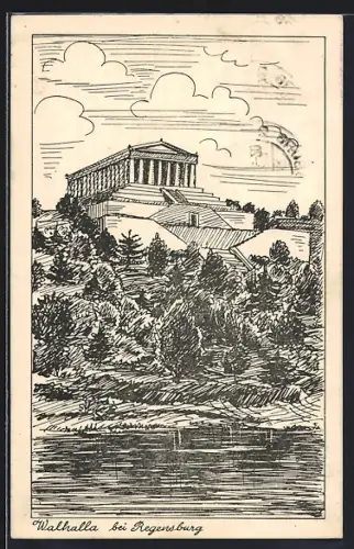 Künstler-AK Regensburg, Walhalla vom Wasser aus gesehen