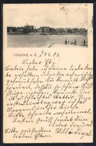 AK Schönebeck a. E., Flusspartie mit Menschen am Ufer