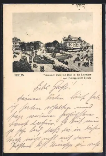 AK Berlin-Tiergarten, Potsdamer Platz mit Blick auf die Leipziger Strasse und Königgrätzer Strasse