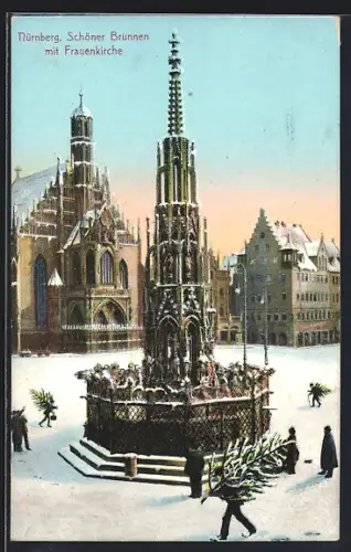 AK Nürnberg, Schöner Brunnen mit Frauenkirche im Schnee