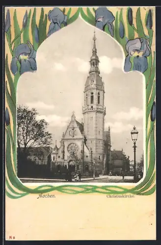 Passepartout-Lithographie Aachen, Christuskirche mit Strasse, Lilien