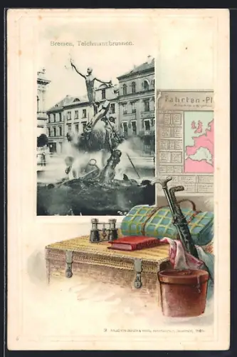 Passepartout-Lithographie Bremen, Teichmannbrunnen, Wanderausrüstung